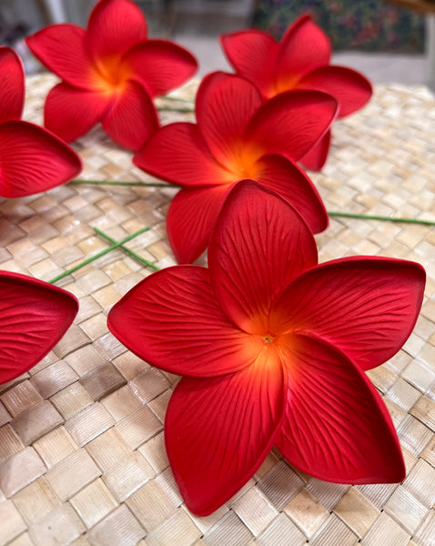 3.5” Red Plumeria Large Size - Full Bloom Ribbed Petals