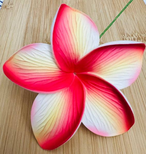 3.5” Bright Red and Yellow Ombré Large Plumeria - Full Bloom with Ribbed Petals