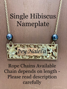 Single Hibiscus Custom Necklace Large Nameplate in Hamilton Gold Plated
